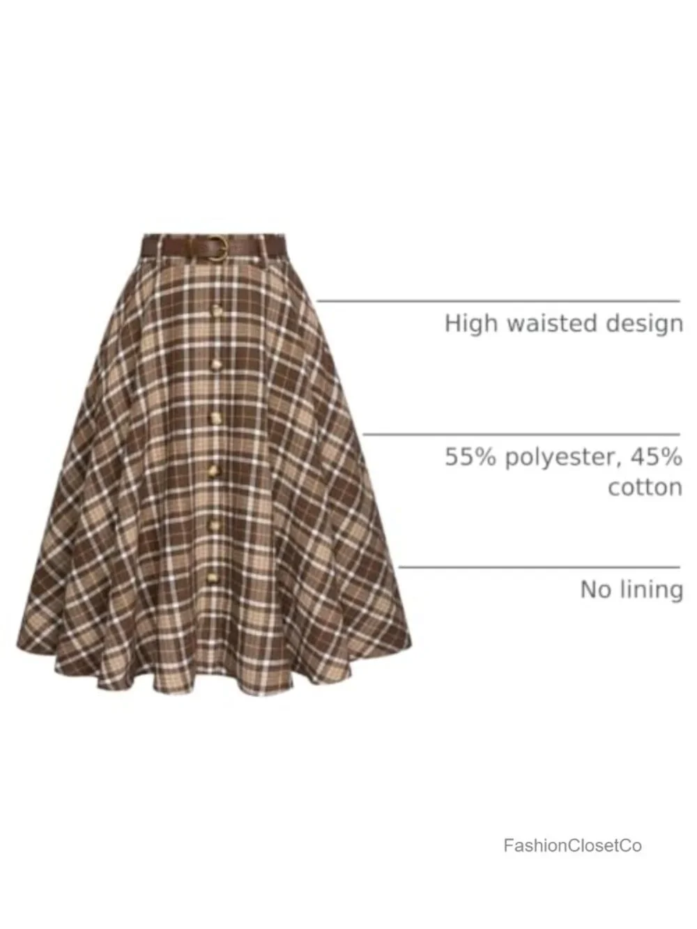 Plaid A-Line Midi Skirt High Waisted Flared Pockets Detachable Belt